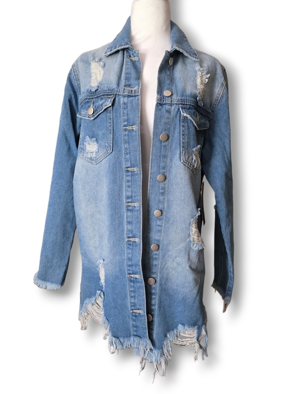NWT American Bazi Distressed Long Light Blue Denim Jacket - Size Small - Picture 2 of 9